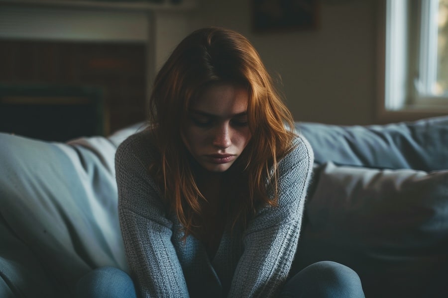 Junge Frau mit traurigem Blick, die ihre Gefühle nach einer Trennung verarbeitet